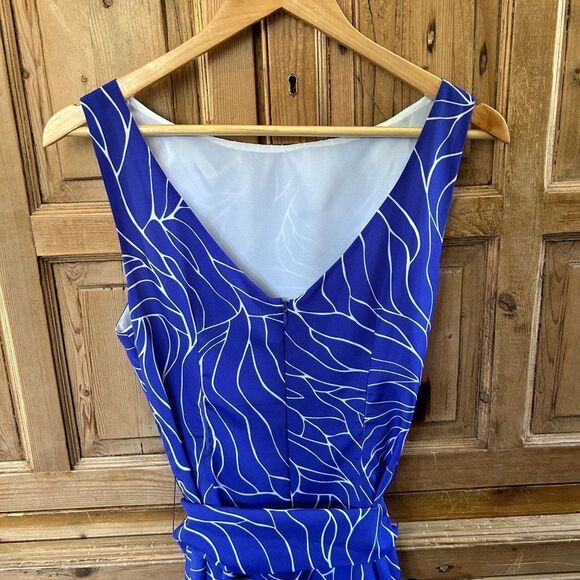 Susana Monaco 6 Royal‎ Blue White Dress Sleeveless Belted Tank Printed Sheath - Picture 7 of 10
